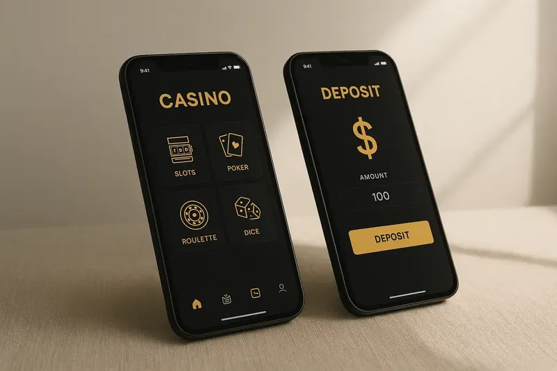 Two angled smartphones showing dark casino lobby and deposit screens