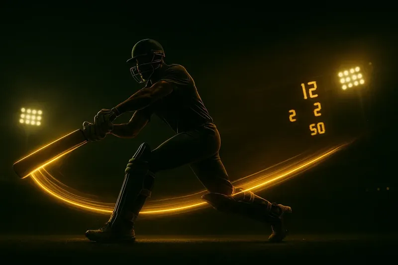 Cricket athlete in motion with neon trail and stadium lights