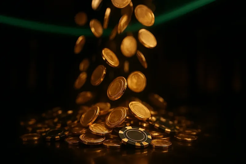 Golden coins and casino chips falling with green neon lighting