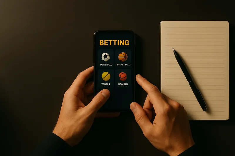 Man using betting app on phone at desk from above