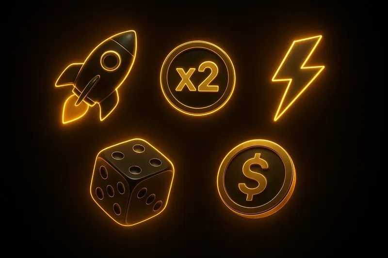 Glowing instant game icons with rocket, dice, coin, and lightning