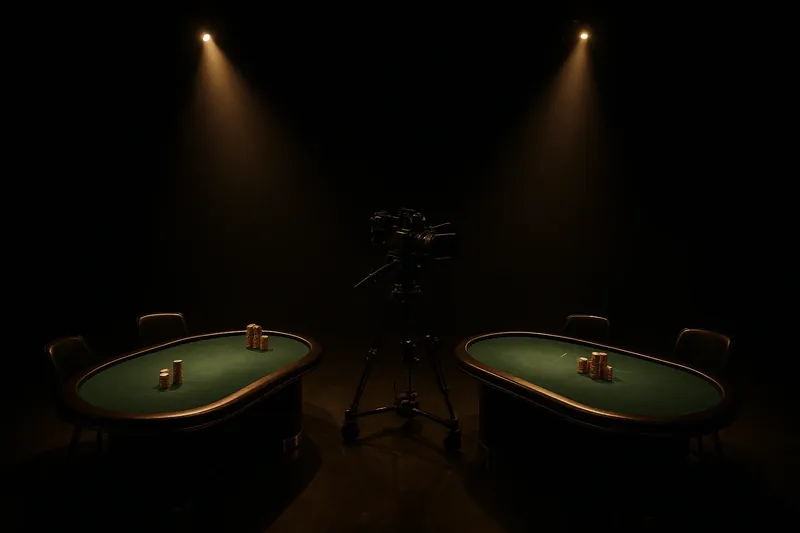 Overhead view of live casino studio with dealer tables and cameras