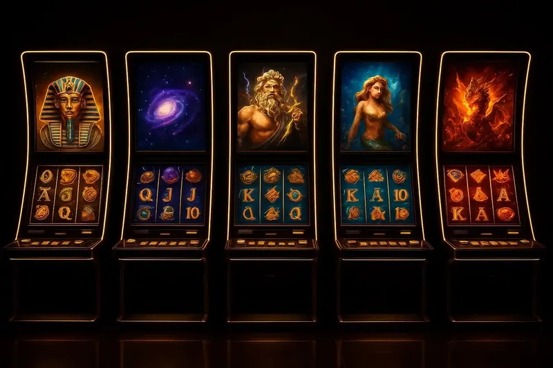 Five vivid video slot screens with Egypt, space, and mythology themes